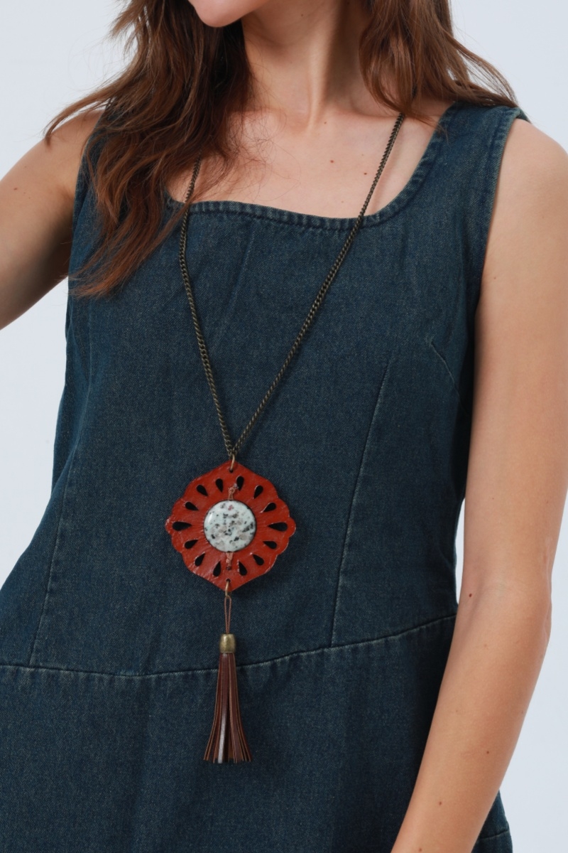 Tribal Leather Circle Necklace – Turquoise Accent