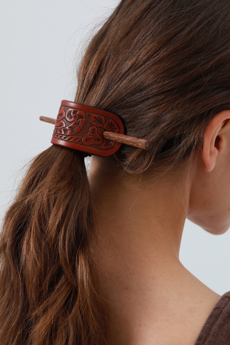 Tooled leather hair stick     cowgirl style 4