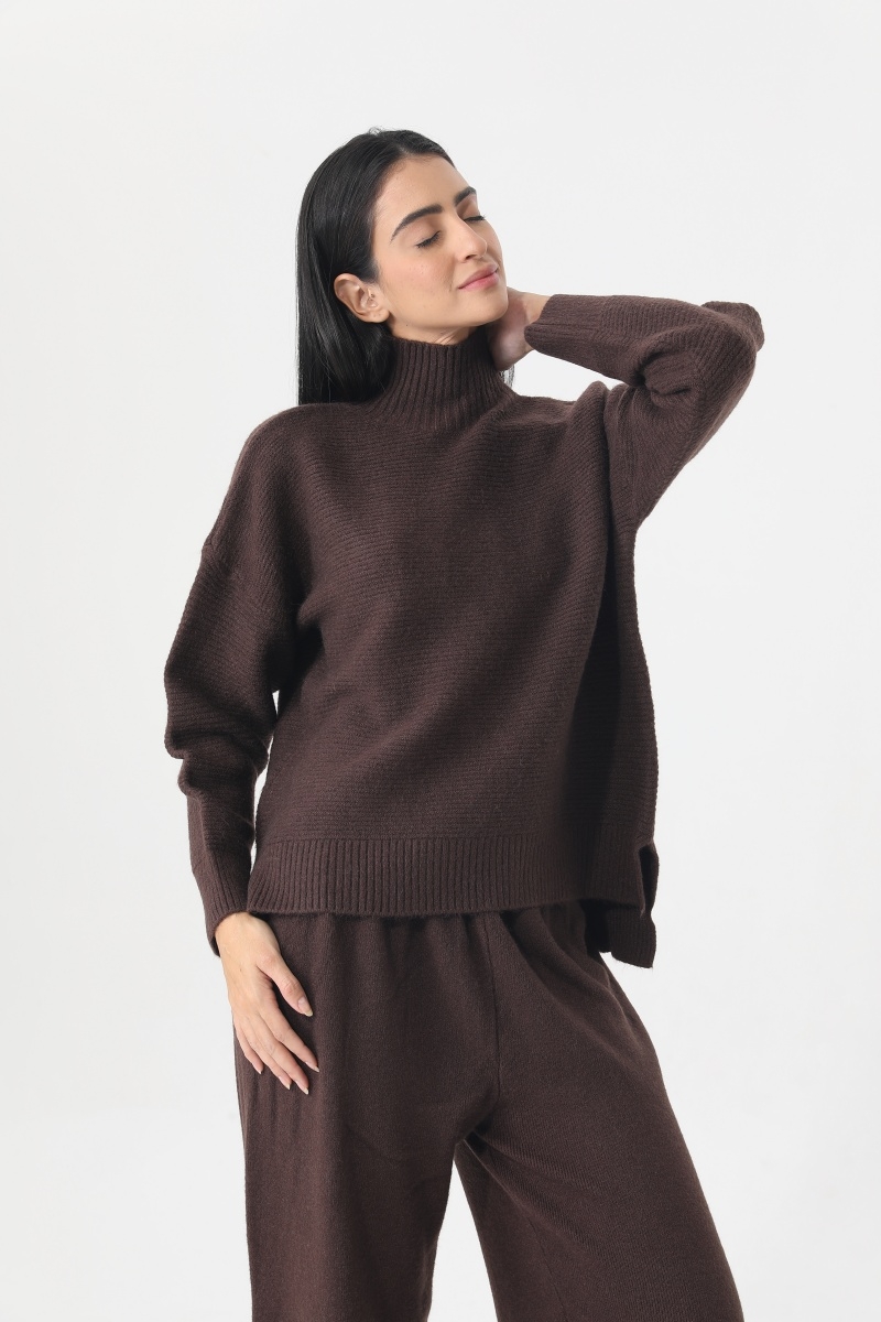 Turtleneck knit loungewear set women soft sweater wide leg pants suit