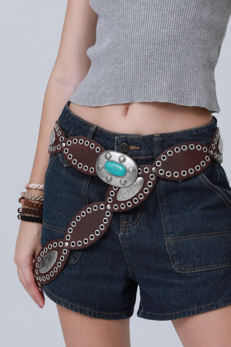 Vintage bohemian western belt with inlaid turquoise buckle