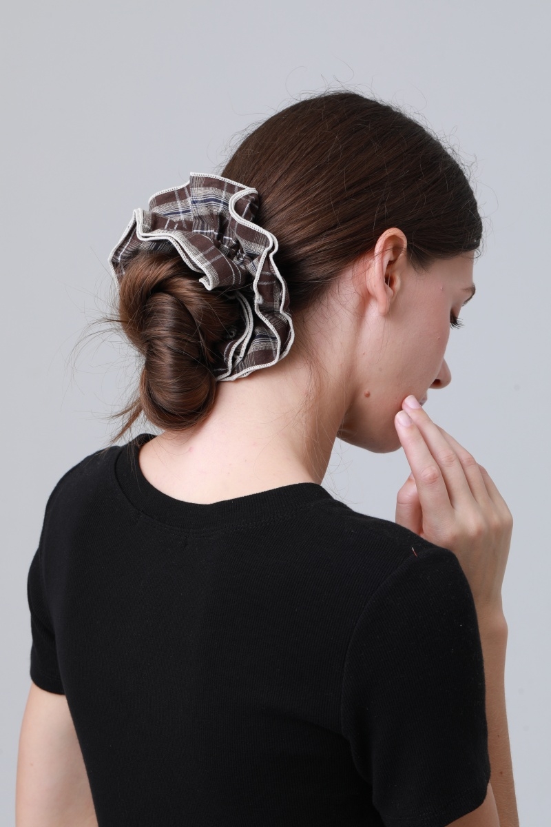 Vintage striped fabric edge large double layer scrunchie ponytail holder hair ties 1