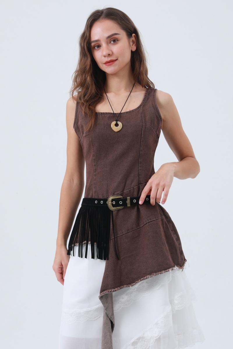 Western fringe belt for women antique bronze buckle   tassel