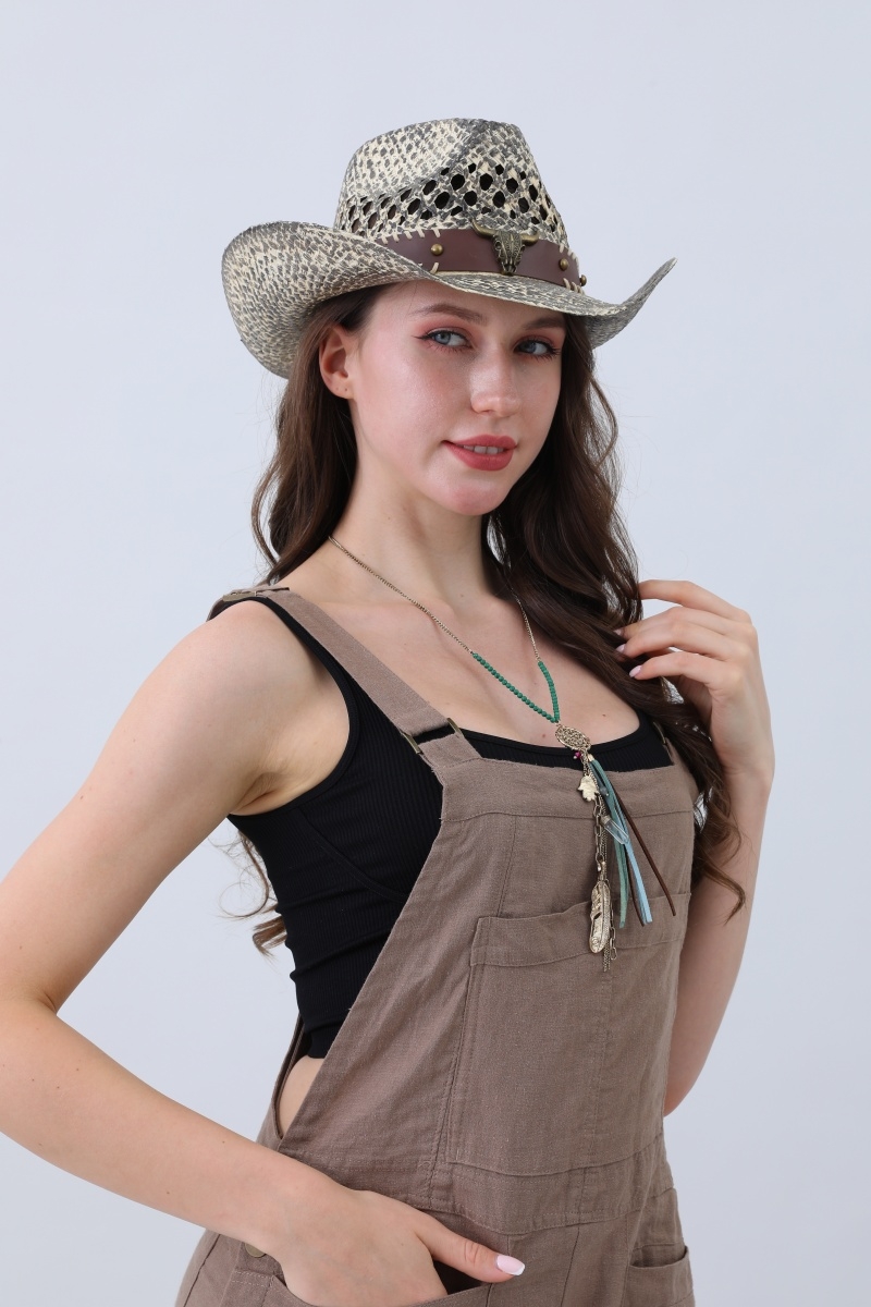 Western hat with artistic inkstyle bull skull band