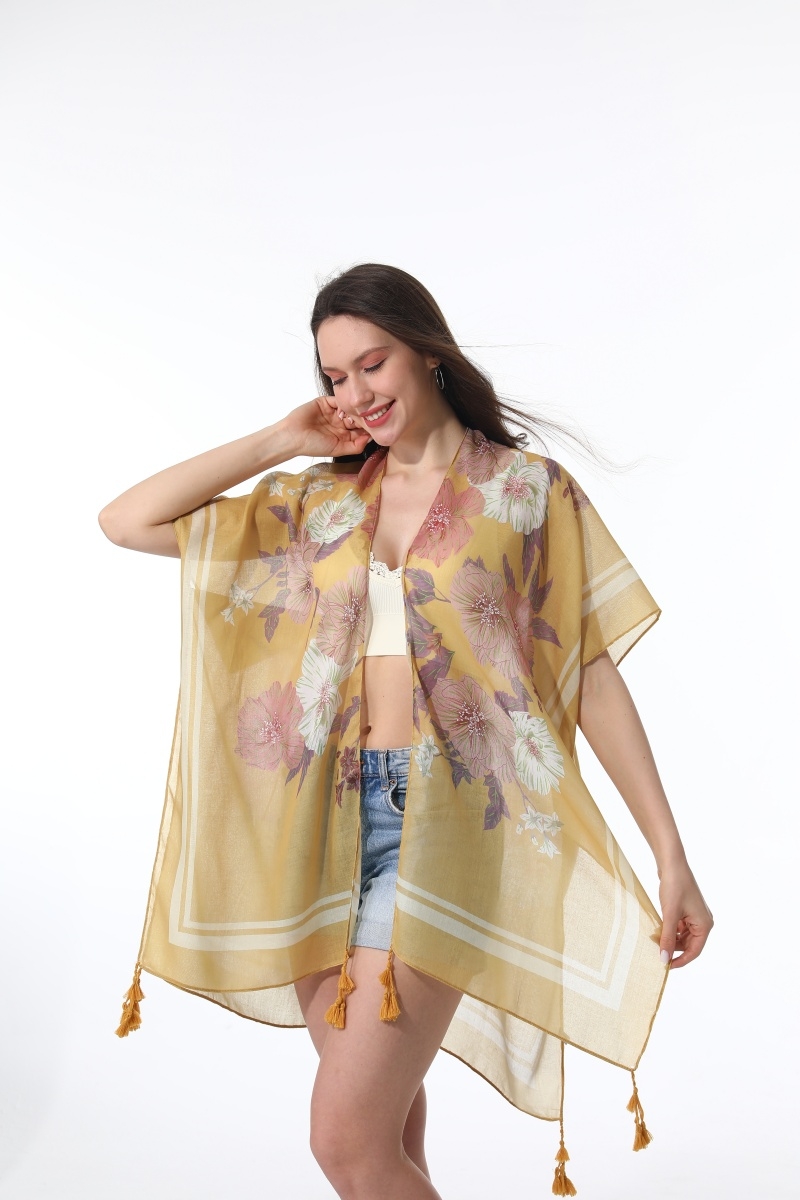 Women floral print tassel kimono cover up beach shawl cardigan