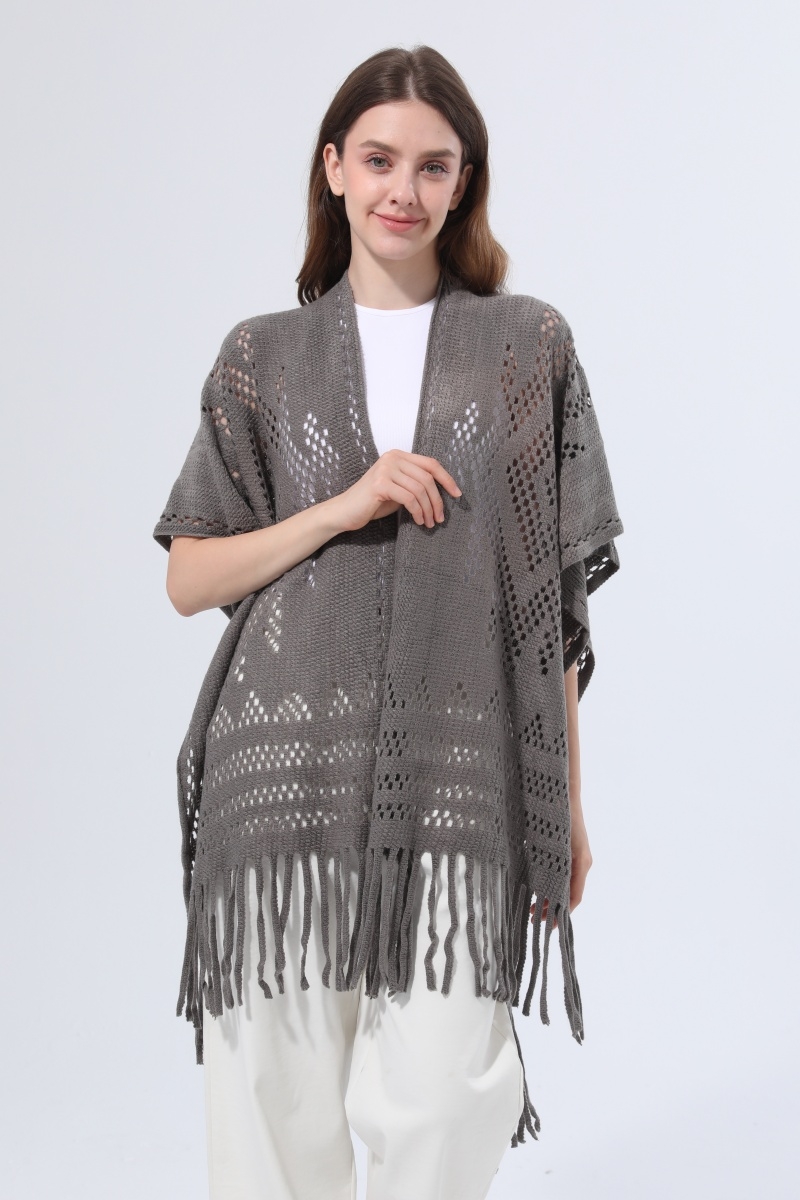 Women hollow knit tassel poncho open front fringe knitted shawl wrap