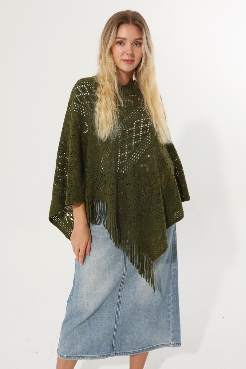 Women hollow knit tassel triangle poncho lightweight knitted shawl wrap