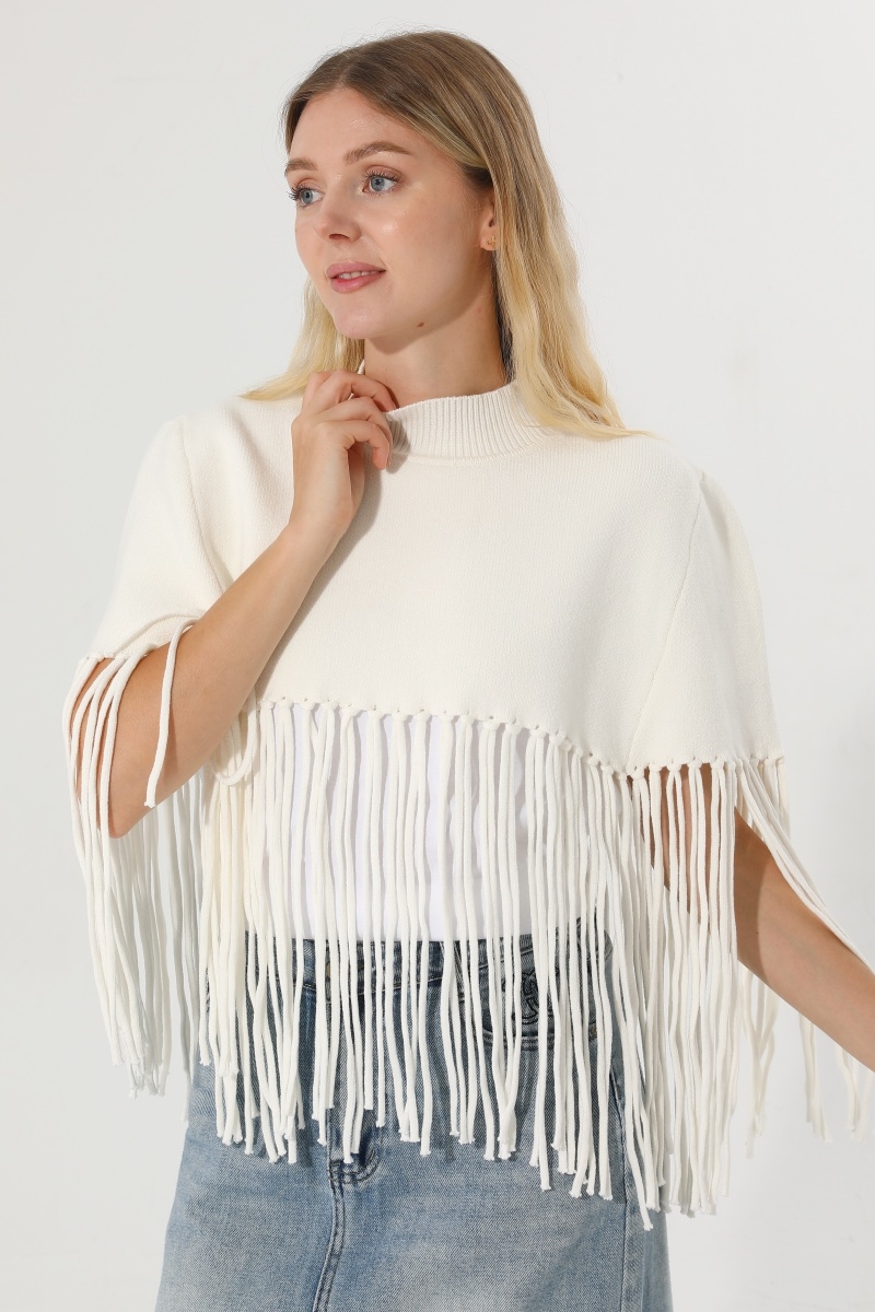 Women mock neck fringe knit poncho solid soft cape shawl 4