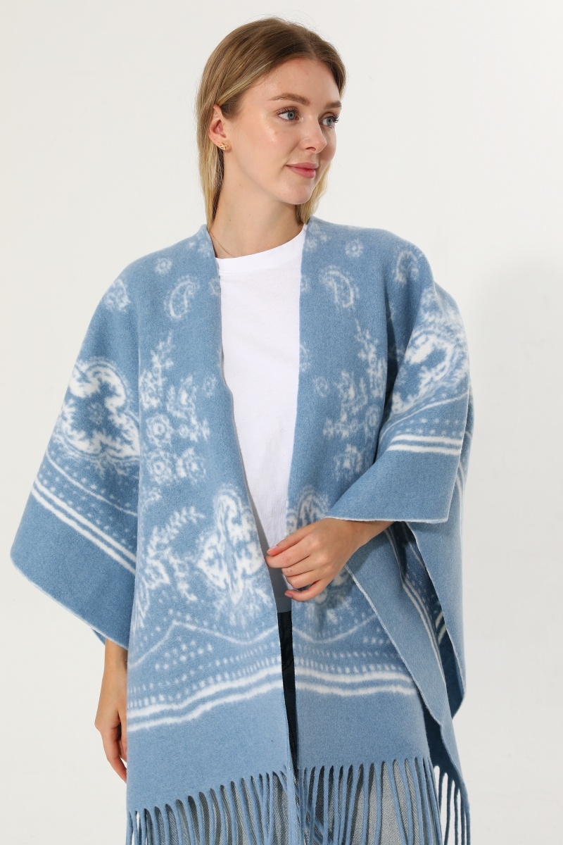 Women paisley floral tassel poncho soft reversible winter shawl wrap
