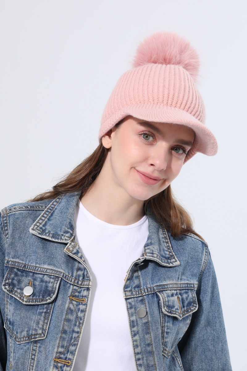 Women ribbed knit visor beanie faux fur pom pom winter hat