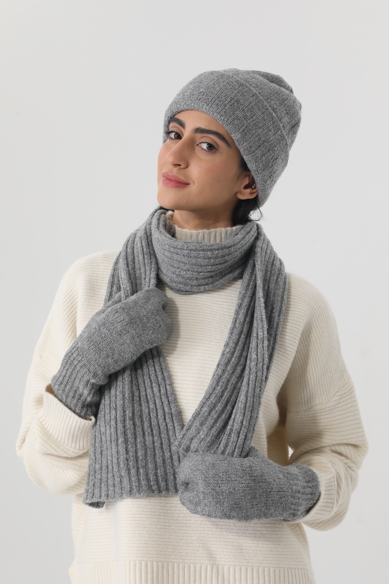 Women ribbed knit winter set beanie hat scarf mitten gloves 3 piece kit