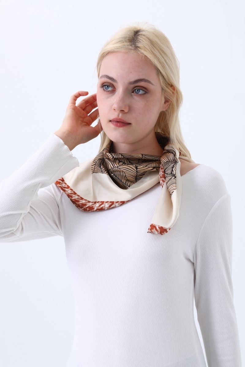 Women s elegant square scarf with abstract leaf print   houndstooth trim