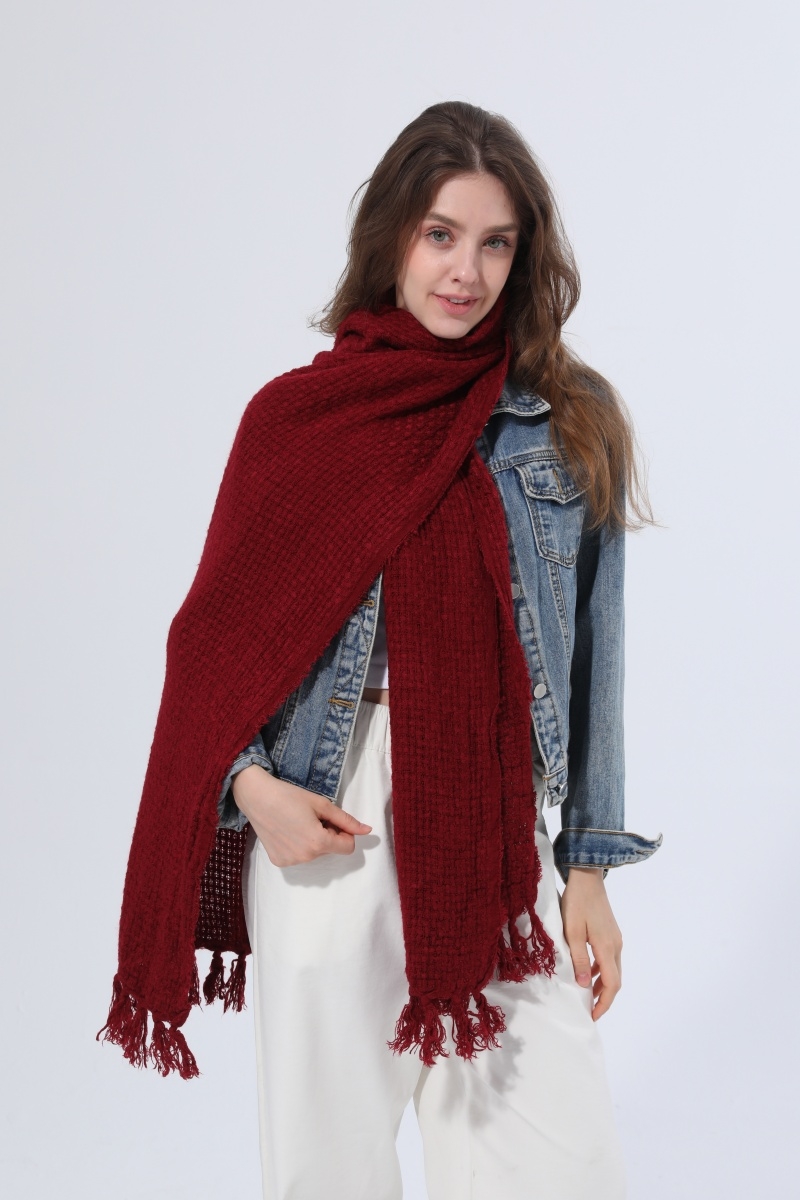 Women waffle knit scarf fringe tassel solid soft fashion shawl wrap