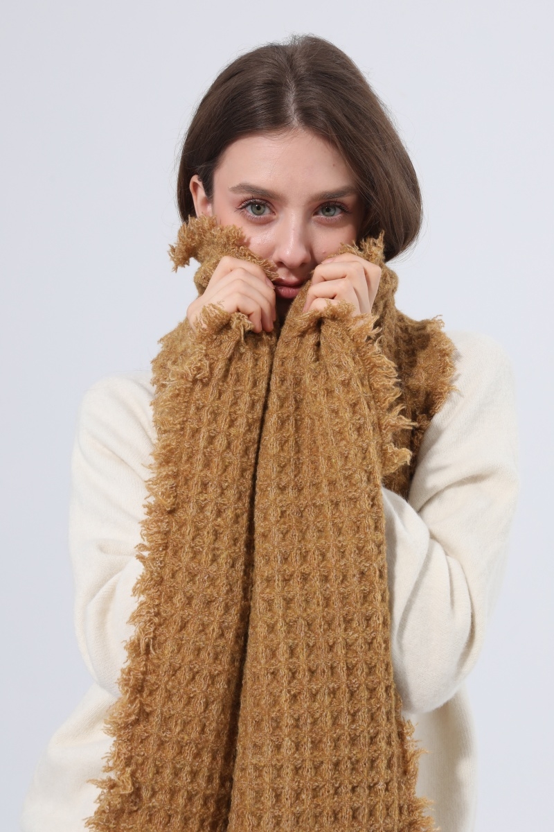 Women waffle knit scarf soft fringe solid winter shawl