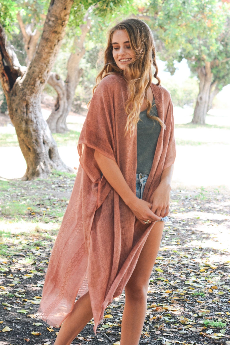 Tribal copper woven long line kimono cardigan, stylish and comfortable