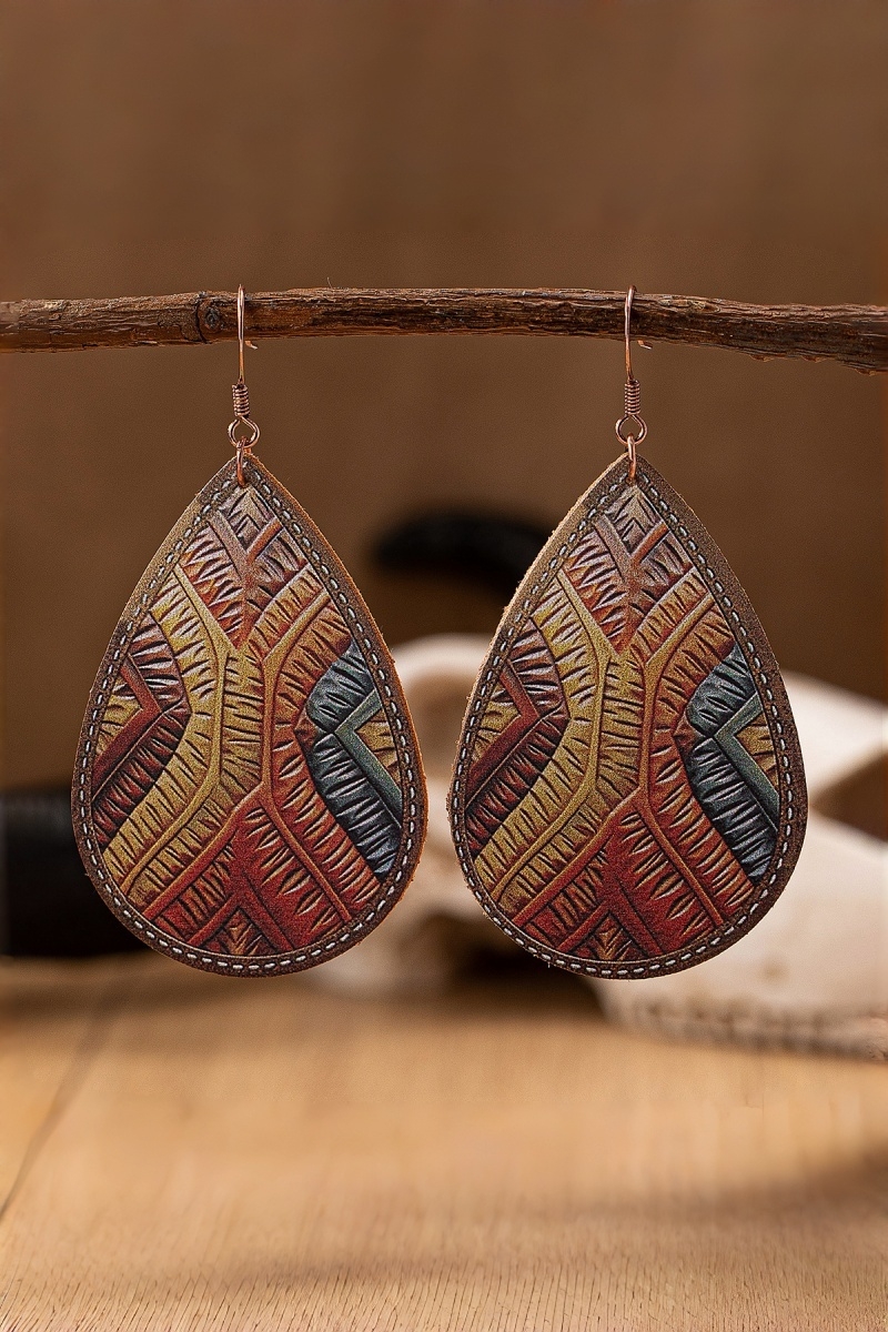Vintage Embossed Genuine Leather Teardrop Drop Earrings