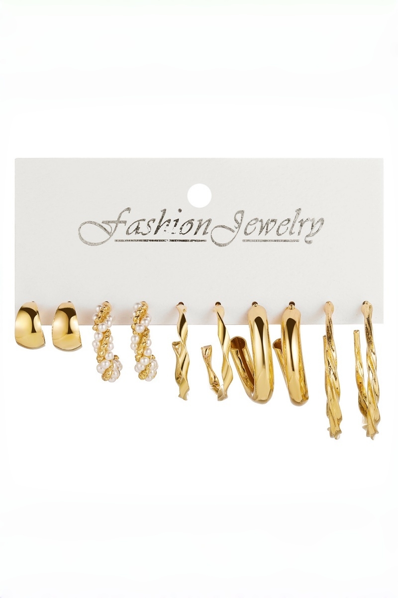 5 Pairs Gold Tone Pearl Mixed Style Hoop Earrings Set