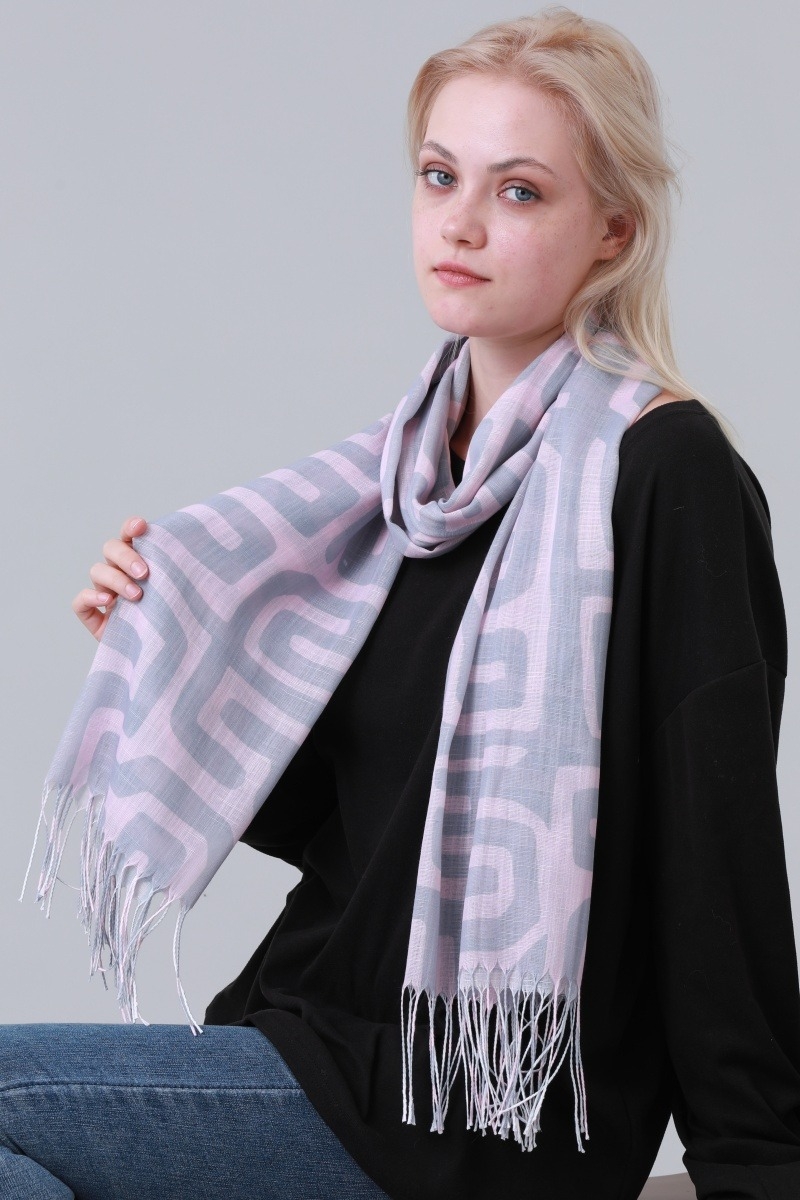Geometric print long scarf with tassel fringe for women