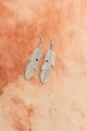 Antique silver feather dangle earrings with intricate design.