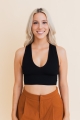 Black ribbed crop top with a casual style, featuring lightweight and comfortable rib-knit fabric