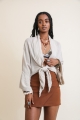 Flounce sleeve kimono wrap made from lightweight linen cotton, perfect for casual wear.