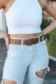 Front view of hibiscus embroidered boho belt