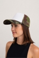 Angle view of lightweight camo print trucker cap showcasing stylish design.