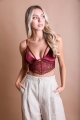 Red wine elegant velvet longline lace bralette, perfect for a chic and stylish look