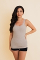 Mocha ribbed stretchy lace trimmed tank top model view