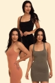 Three women modeling bodycon tank dresses in black, tan, and olive, perfect for a wholesale fashion collection