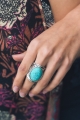 Round Turquoise Stone Floral Engraved Silver Adjustable Fashion Ring 