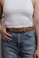 Vegan leather faux brass buckle western skinny belts 2