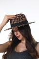 Vintage leopard print wide brim fedora hat with black band