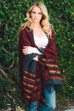 Burgundy Reversible Tribal Tassel Ruana