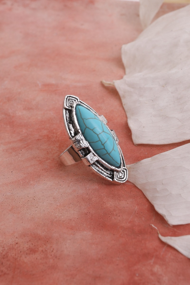 Handcrafted Adjustable Turquoise Marquis Cut Silver Ring