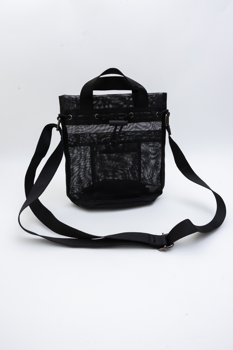 Barely translucent crossbody bag in black, front view