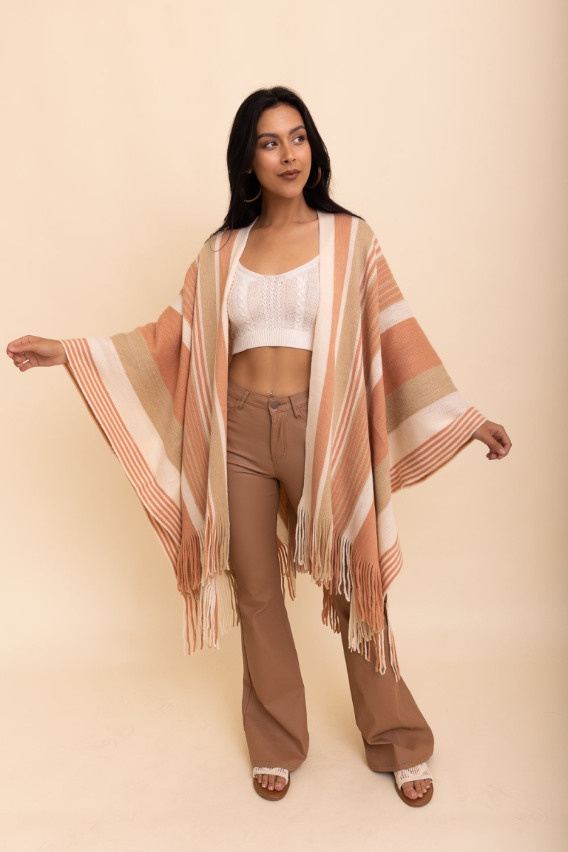 beige melon striped ruana fashion statement striped frayed edge