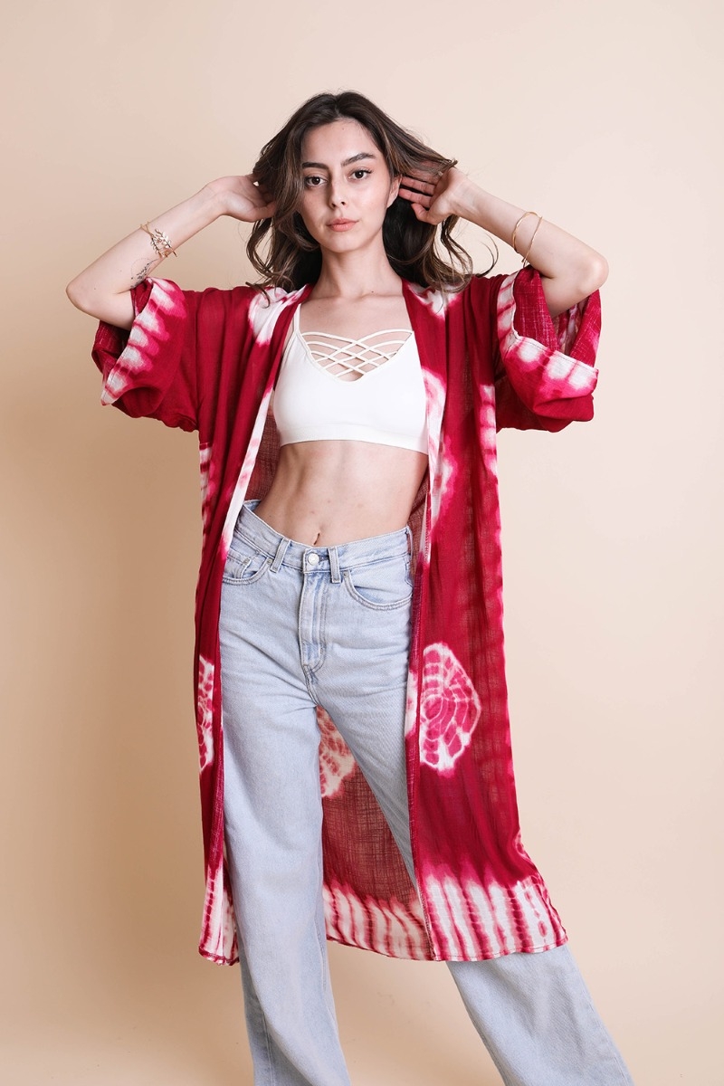 Berry Red Tie Dye Longline Wholesale Kimono Vendor Profitable Quality Kimonos Made in China Profitable Accessories Cheap Prices High Sell Through Low Minimum