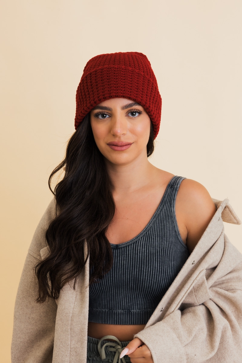 Toasty Waffle Puff Beanie in Berry color wholesale