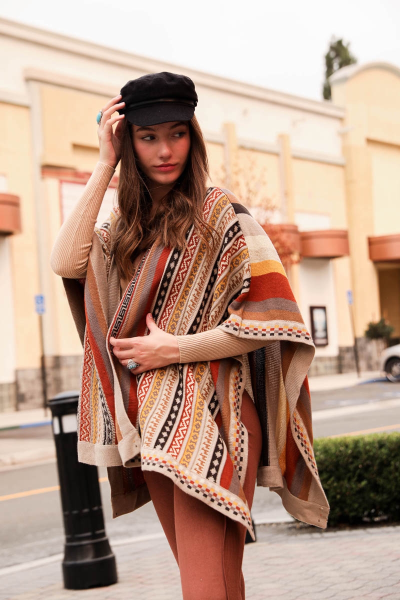 Camel Brown Best Selling Boho Style Vertical Stripe Multi pattern Color blend Ruana Wrap Wholesale 