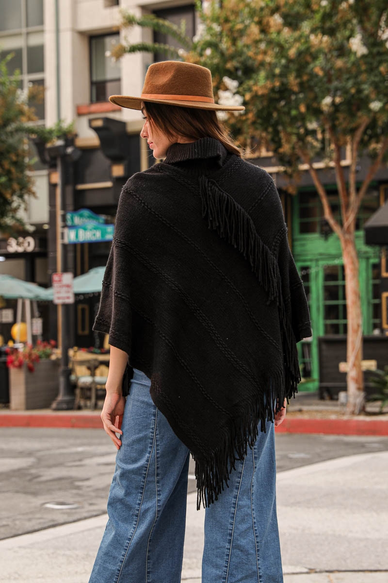 Black Button Neck Fringe Poncho for Fall & Winter Fashion