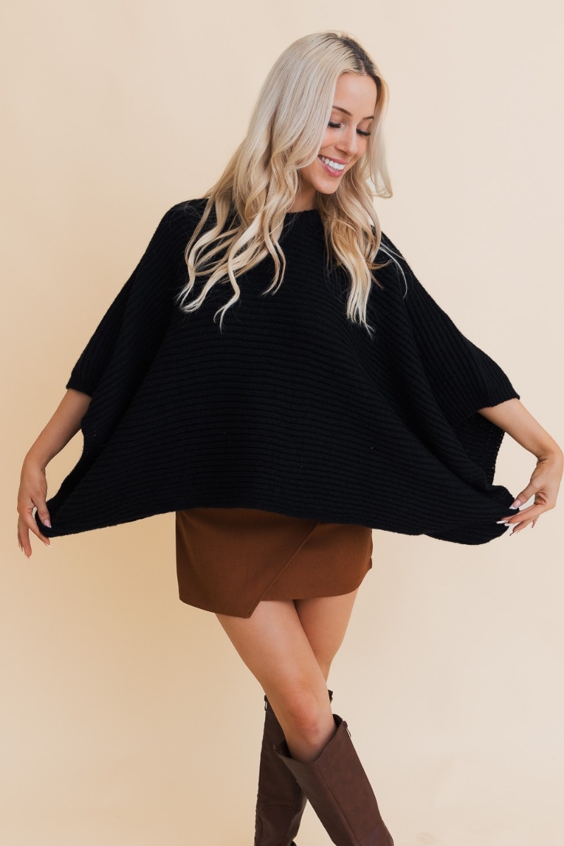 Minimalist Crew Neck Poncho Sweater Ribbed Knit Comfort and Style for Layering