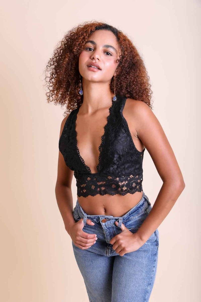 Black fashionable plunge racerback lace bralette, ideal for versatile styling