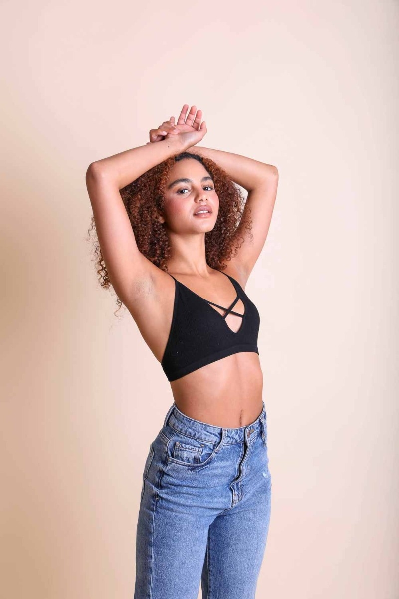 Black plunge cross bralette featuring a modern and stylish fit.