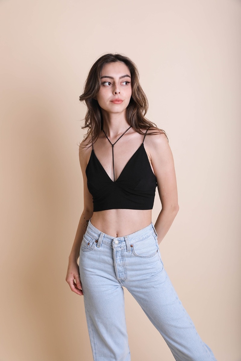 Black stylish midriff plunge crop top with a sleek and modern design