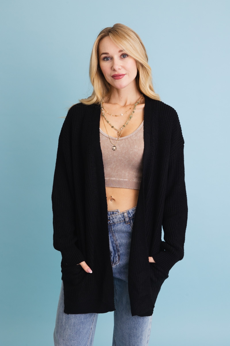 Black waffle knit open-front cardigan, cozy fall layer