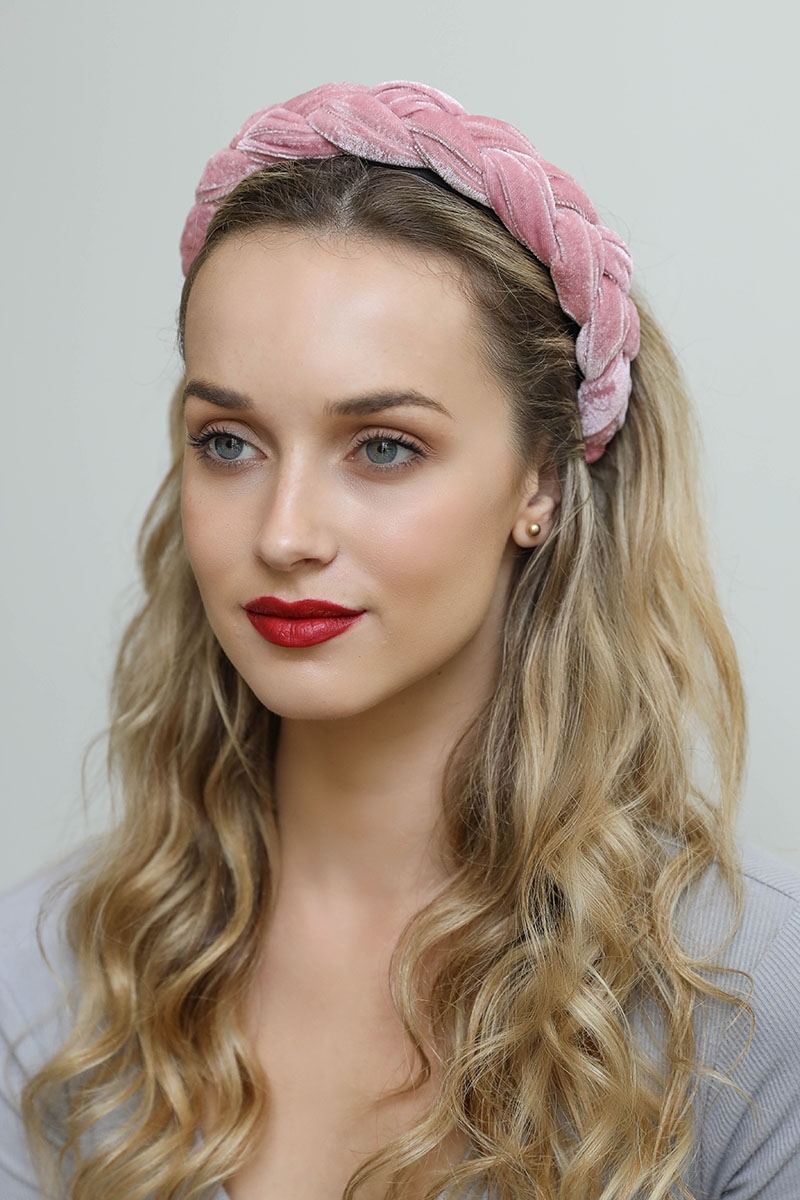 Blush velvet braided headband with a soft, elegant design for a stylish hair accessory.