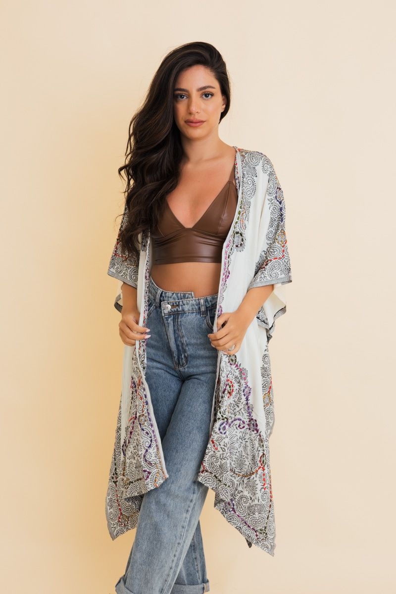 Bohemian artisan stitch tapestry kimono in black, perfect for layering and casual wear.