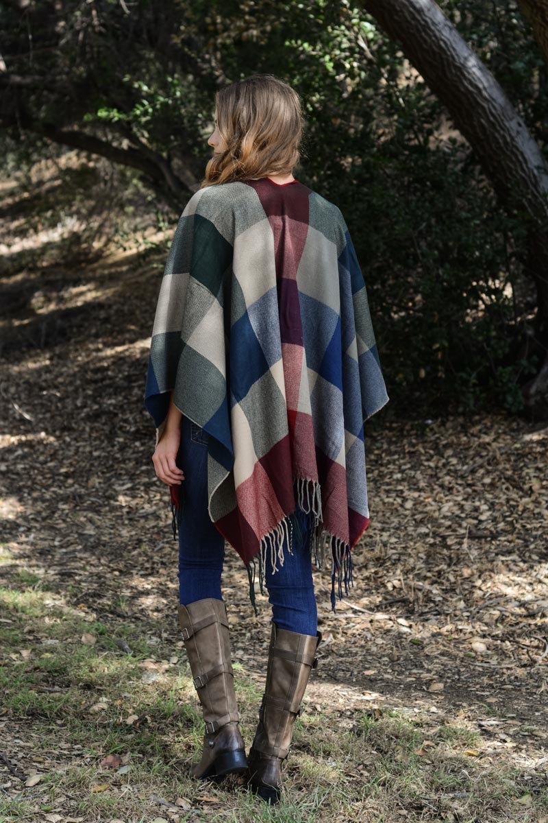 Cozy Bohemian Check Ruana with Tassel Trim in Natural Hues