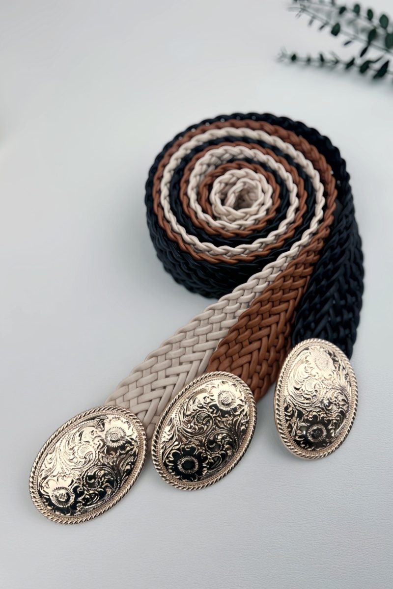 Bohemian woven wide cuff bracelet with gold engramed medallion 2