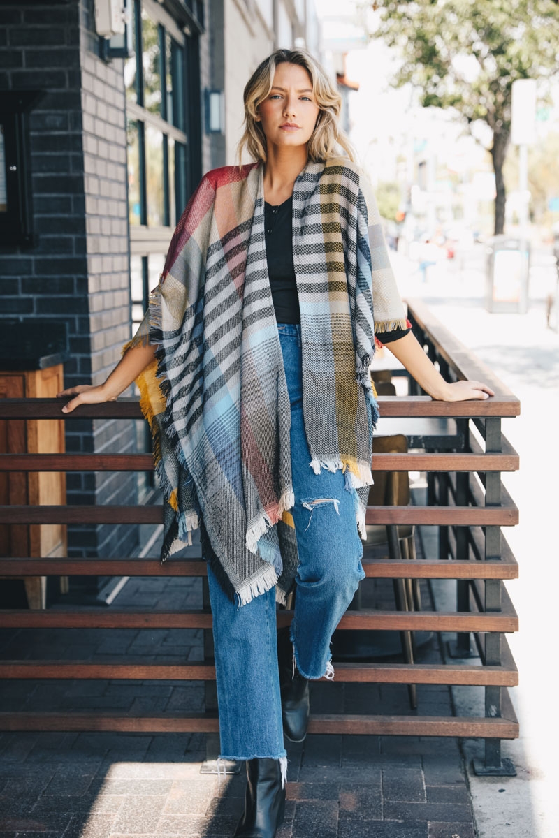 best boho apparel supplier colorblock striped wholesale ponchos red yellow